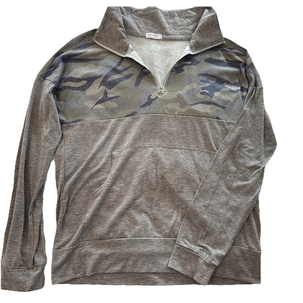 HOUNT  women's lightweight pullover shirt 1/4 zip gray and camo Long Sleeve